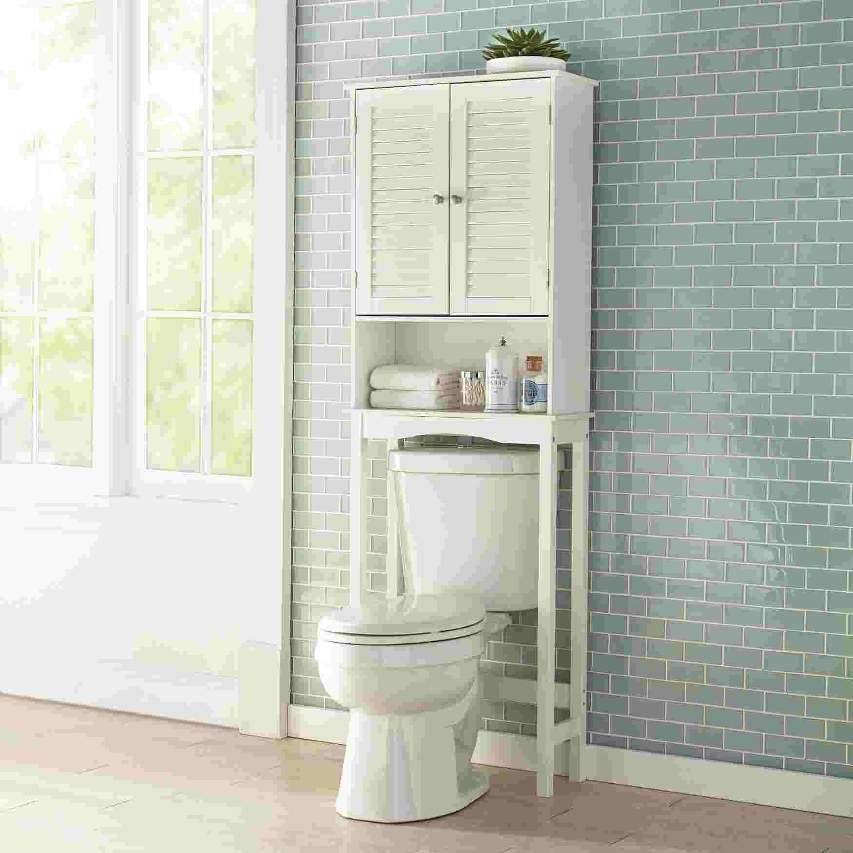 White Louvre Étagere over toilet with storage shelves and cabinets